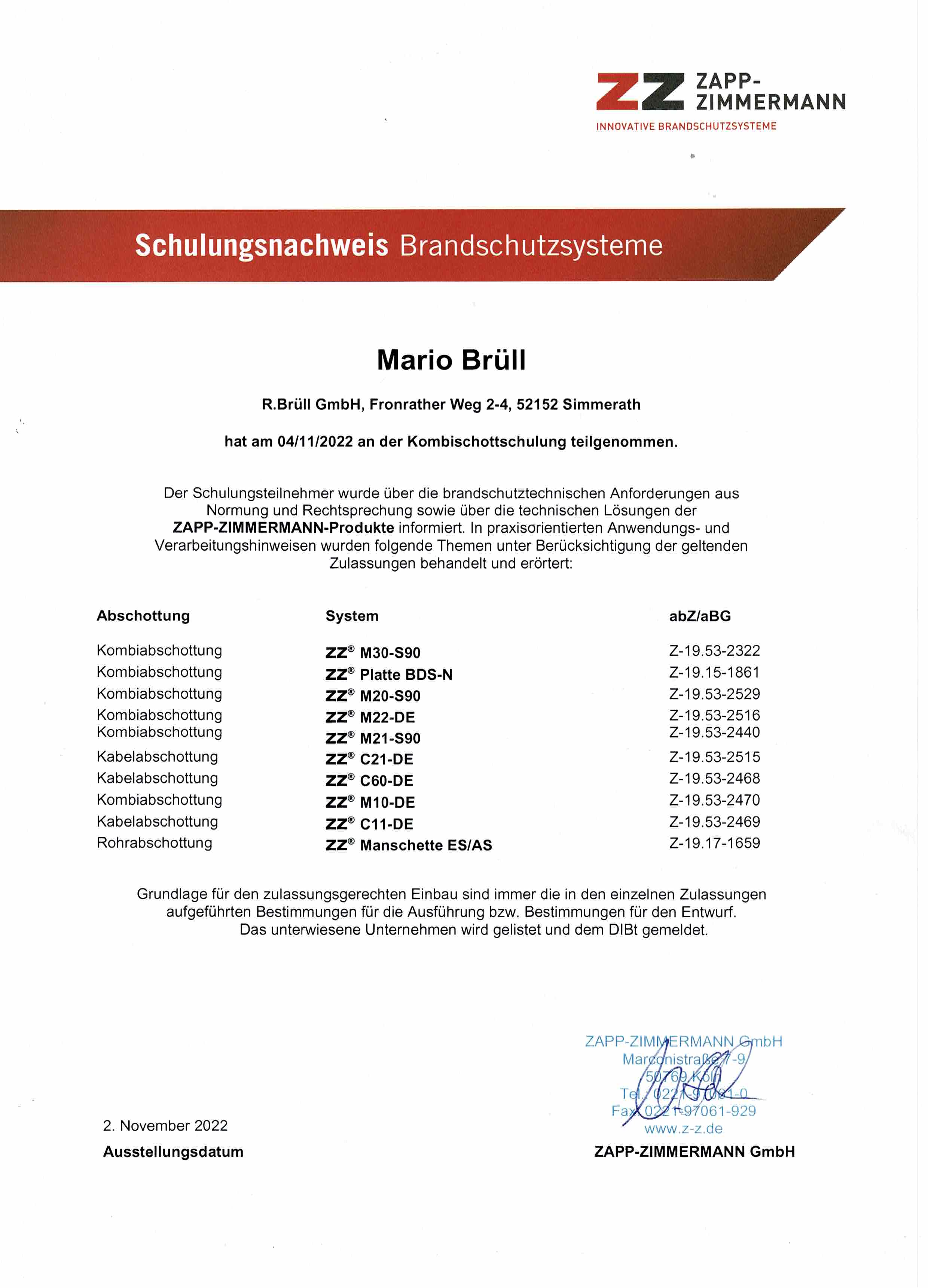 <b>Zapp-Zimmermann Zertifikat:</b> Schulungsnachweis Brandschutzsysteme
