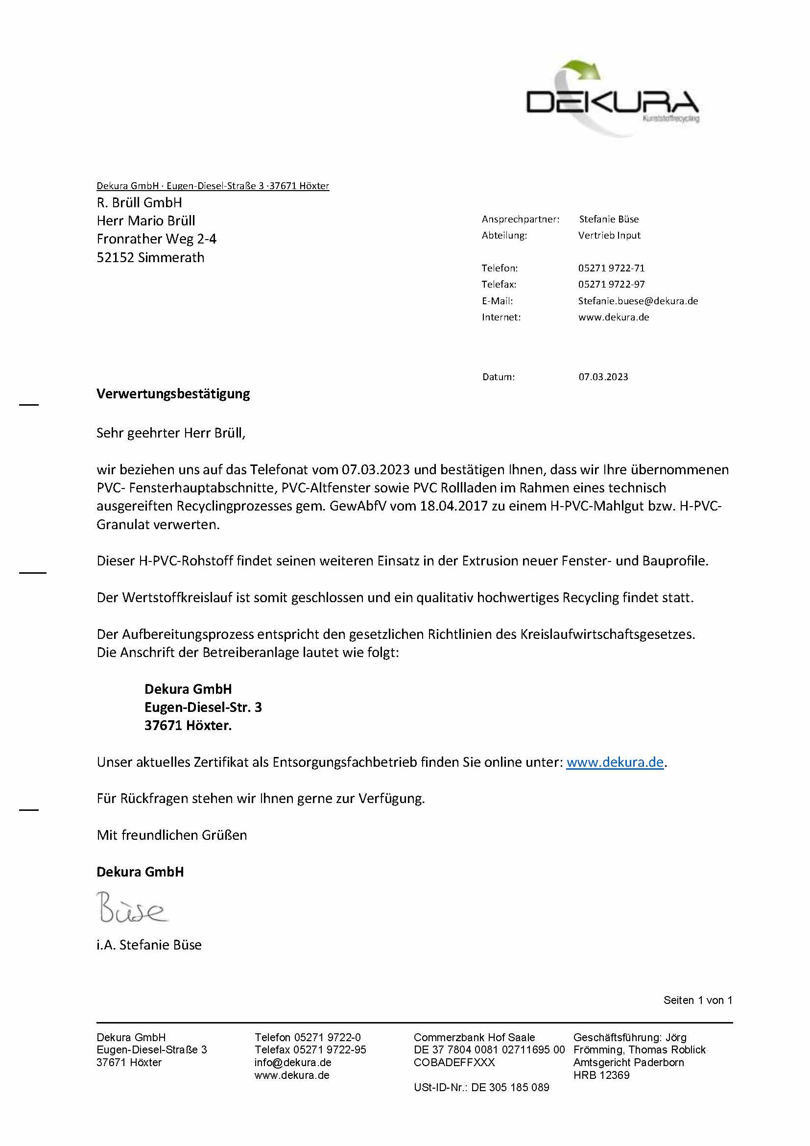 <b>Dekura GmbH:</b> Verwertungsbestätigung