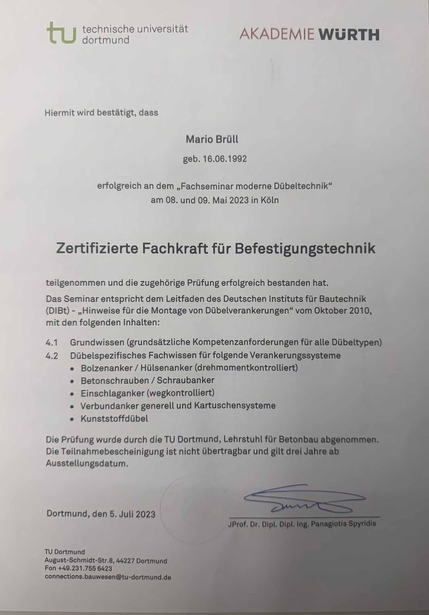 <b>Würth Zertifikat:</b> Befestigungstechnik