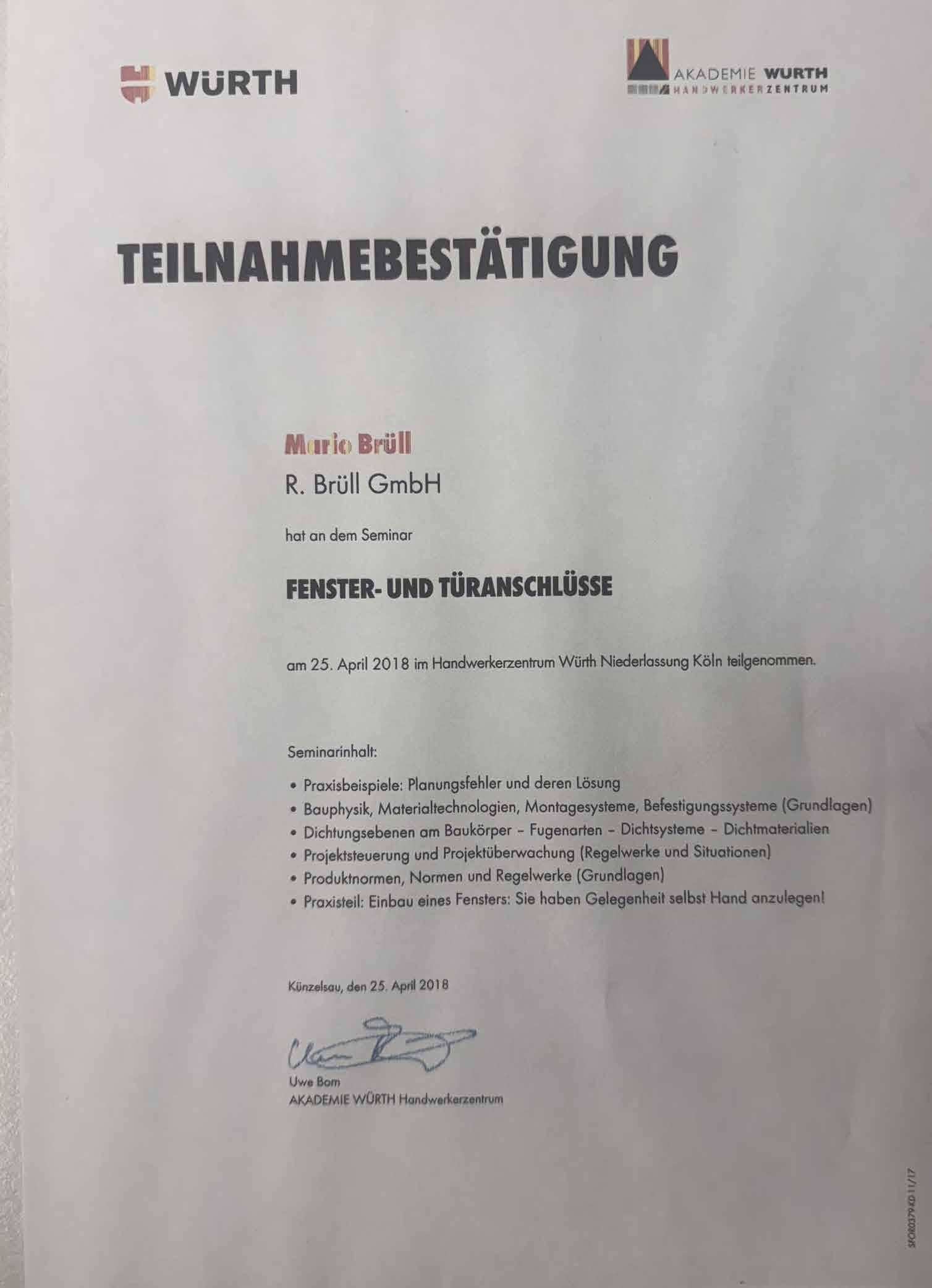 <b>Würth Zertifikat:</b> Türenanschlüsse