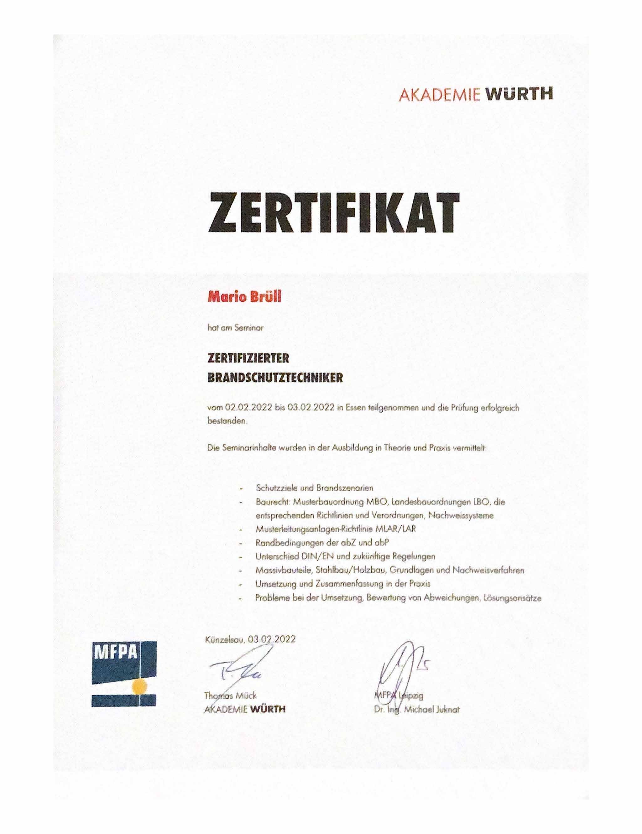 <b>Würth Zertifikat:</b> Brandschutztechniker